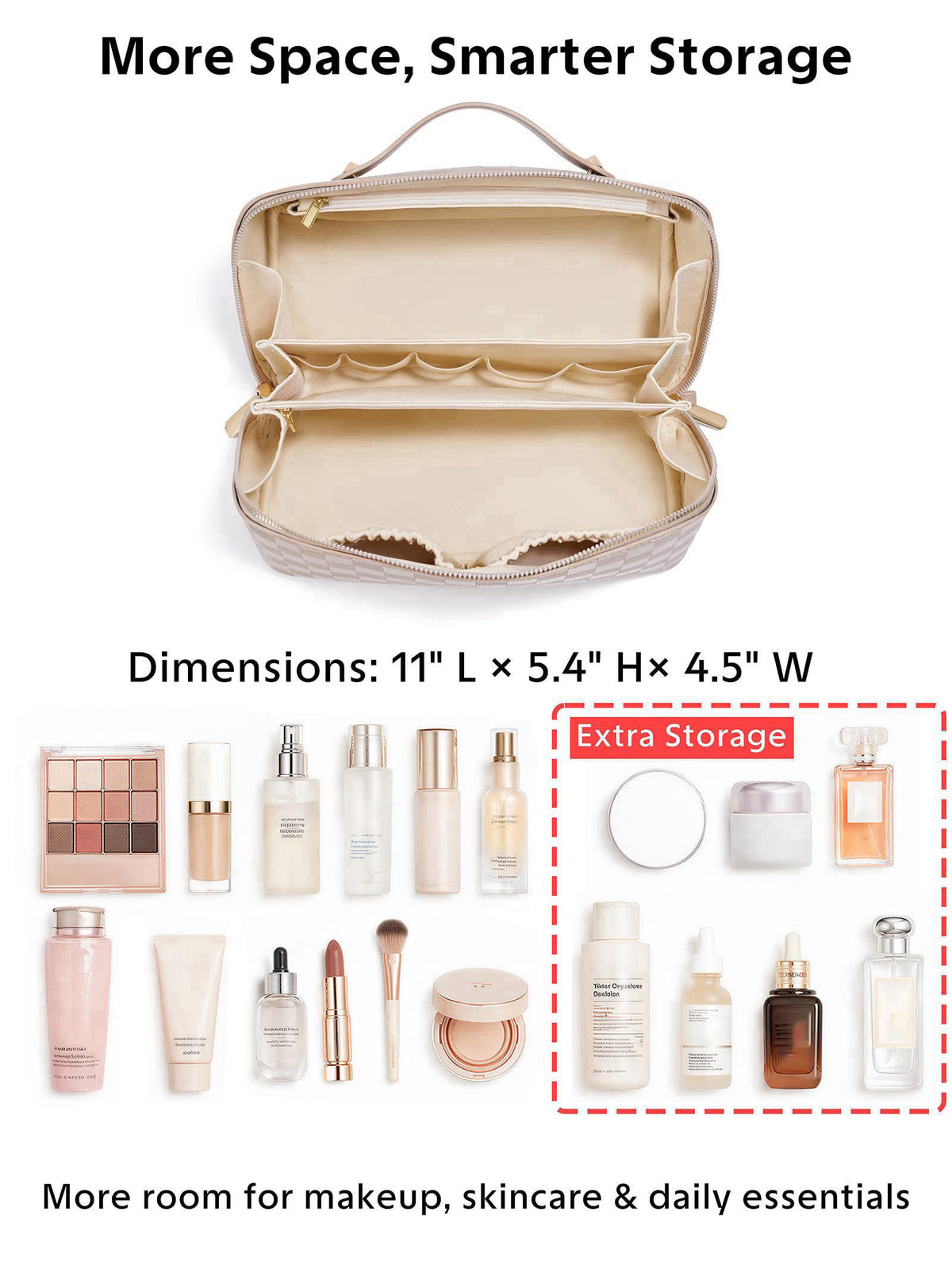 ALEXTINA Large Travel Makeup Bag, Checkered PU Leather Cosmetic Bag, Khaki – full view