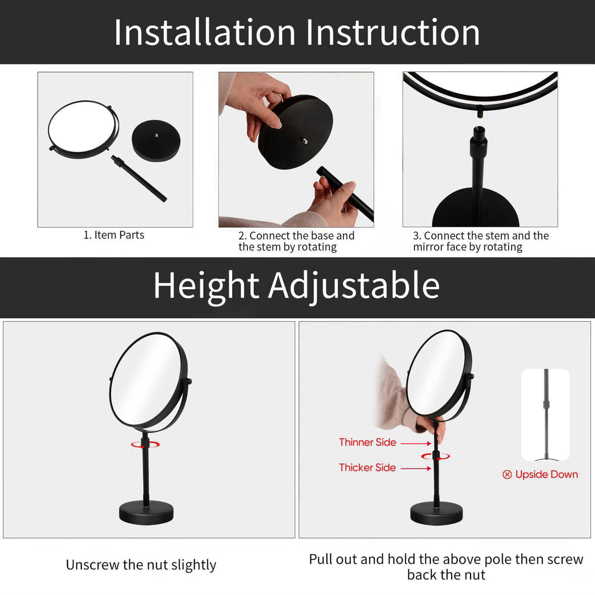 Nicesail Adjustable Makeup Magnified Mirror Matte Black 5X 15 L x 9" W – full view