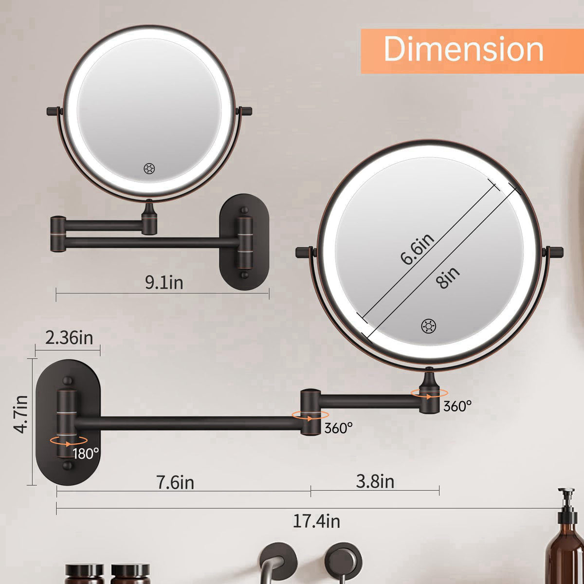 FUNTOUCH 5000mAh Rechargeable Wall Mounted Lighted Makeup Mirror Double Sided 1X30X – packaging and label