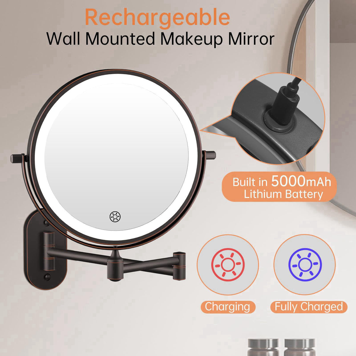 FUNTOUCH 5000mAh Rechargeable Wall Mounted Lighted Makeup Mirror Double Sided 1X30X – full view