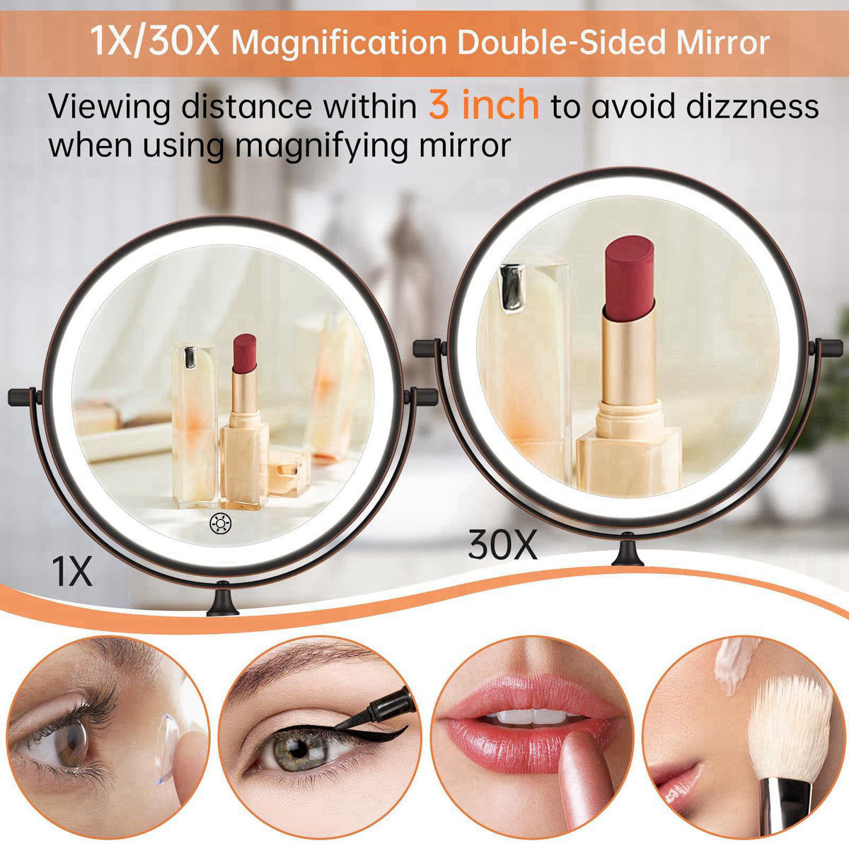 FUNTOUCH 5000mAh Rechargeable Wall Mounted Lighted Makeup Mirror Double Sided 1X30X – back view and specifications