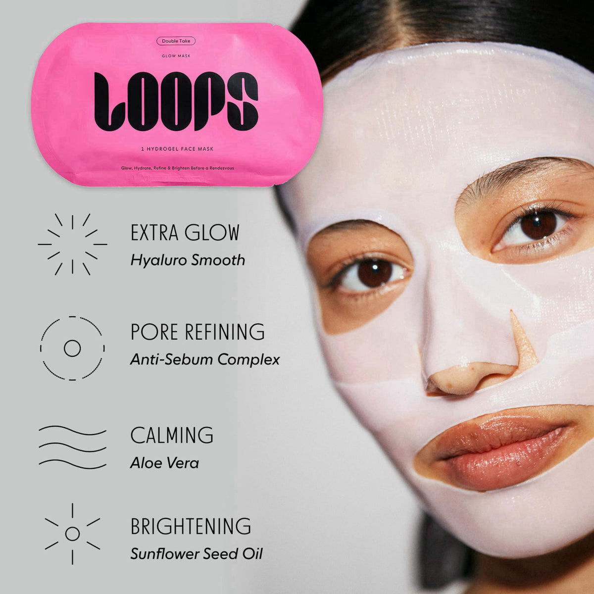 LOOPS Variety Loop Kit - Hydrogel Korean Face Masks, 5 Masks – back view and specifications