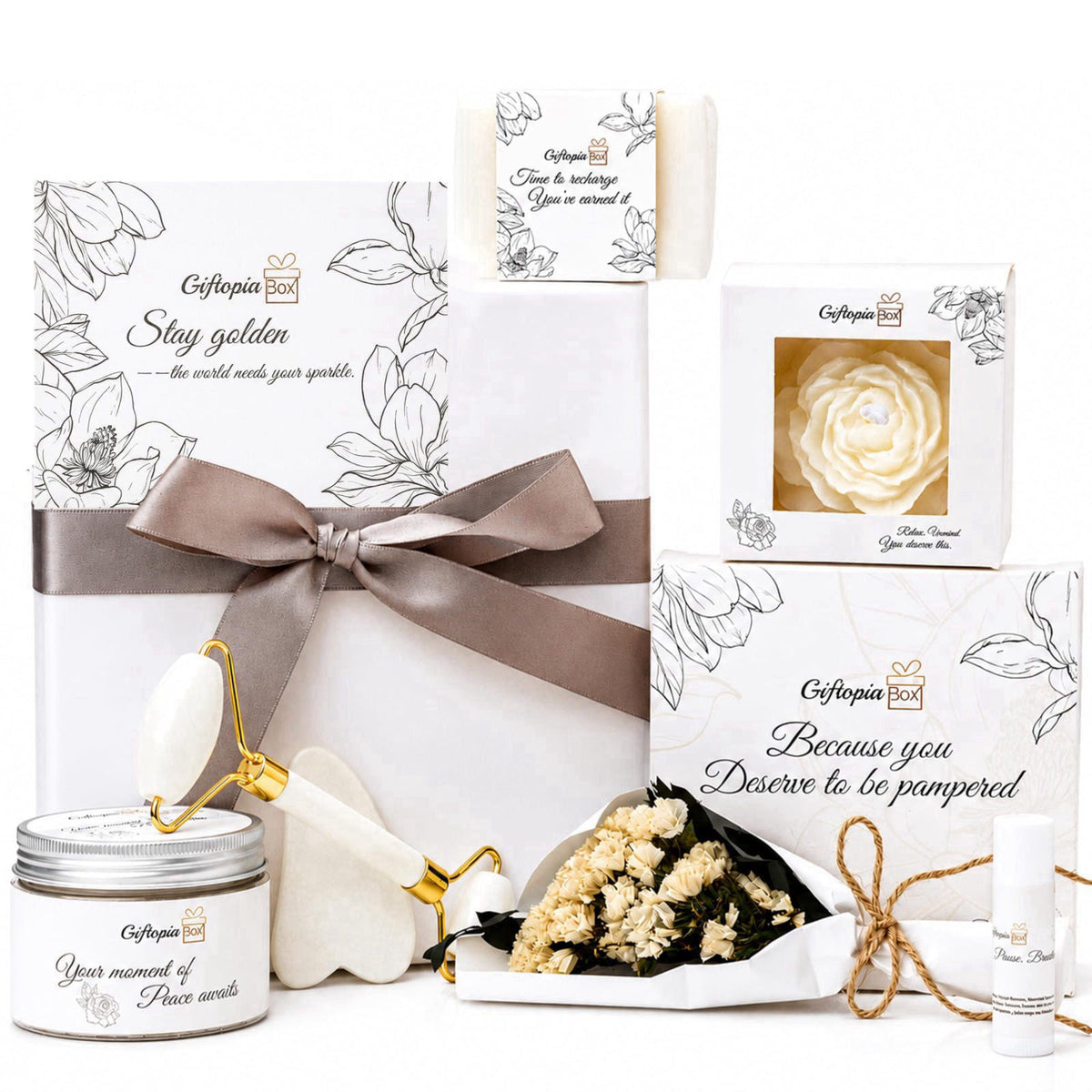 GIFTOPIA BOX Luxury Spa Gifts for Women, Pamper Self Care Gift Set with Shower Steamers, Body Scrub, Candle & Gua Sha, B