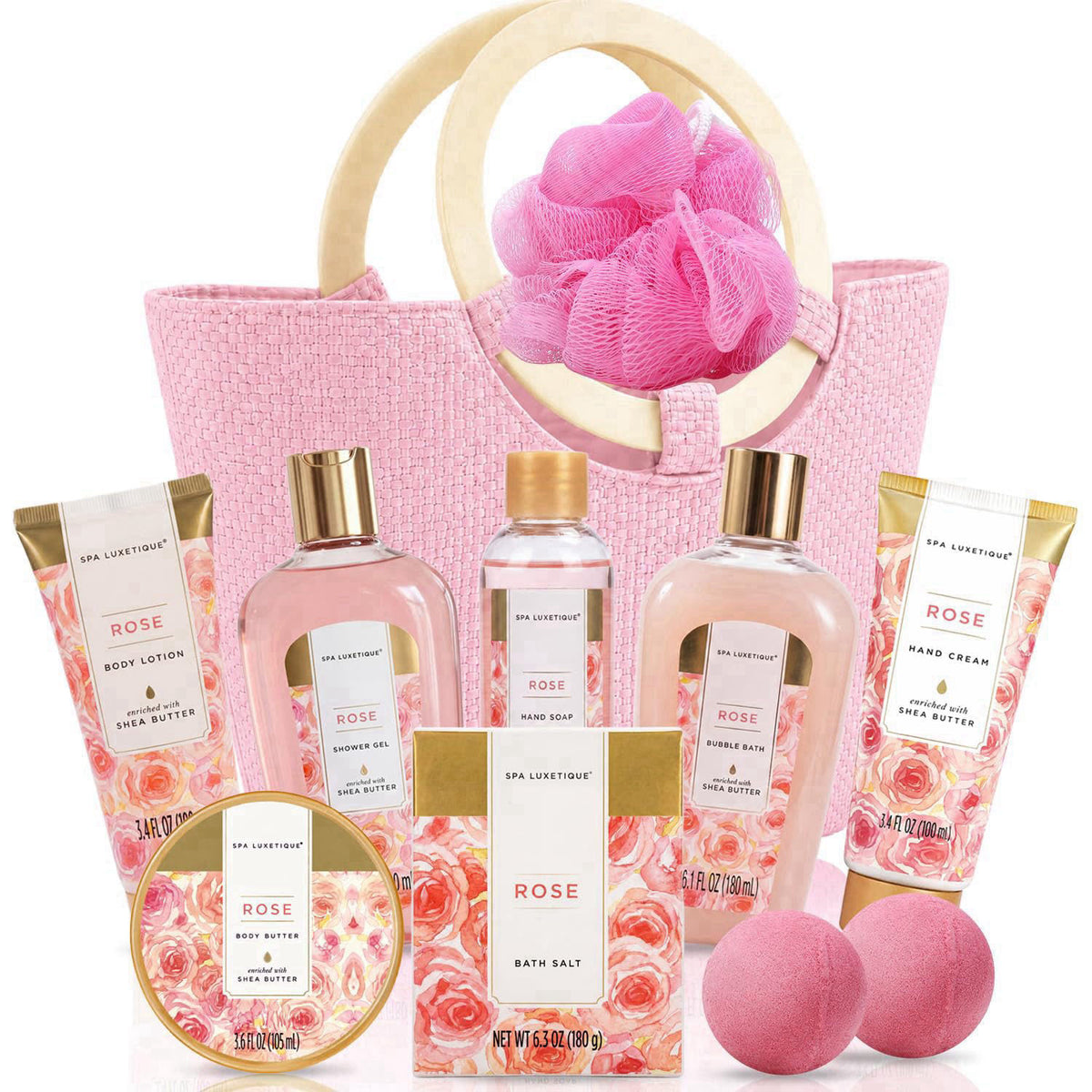 Spa Luxetique Rose 10pc Gift Baskets for Women Spa Gifts Set – product photo (Sets &amp; Kits)