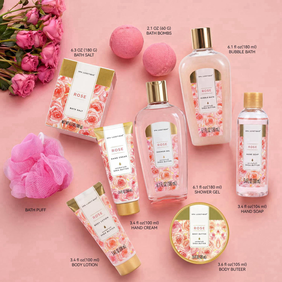 Spa Luxetique Rose 10pc Gift Baskets for Women Spa Gifts Set – close-up detail