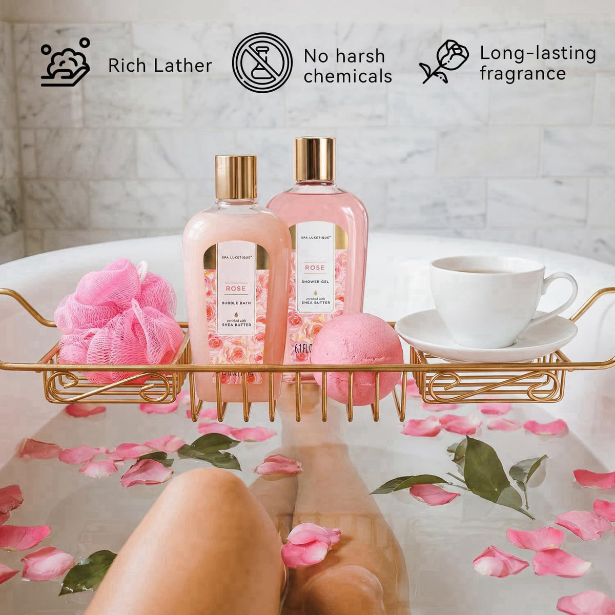 Spa Luxetique Rose 10pc Gift Baskets for Women Spa Gifts Set – full view