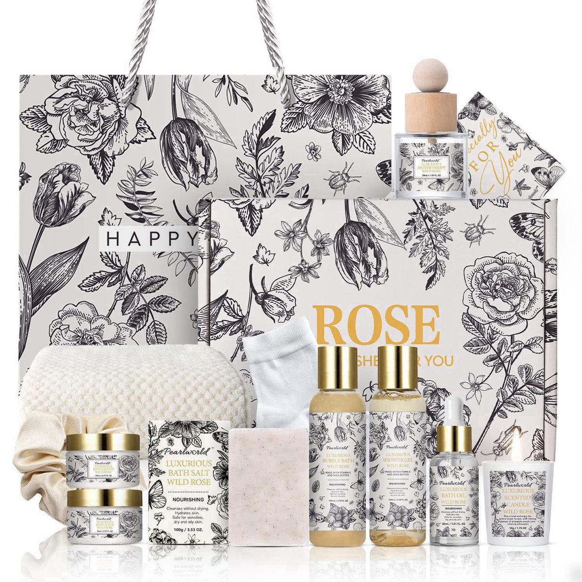 PEARLWORLD Spa Gift Set for Women- Luxury Rose 14 Pcs Bath Set, Home Spa Kit, Christmas Gift for Women, Birthday Gifts –