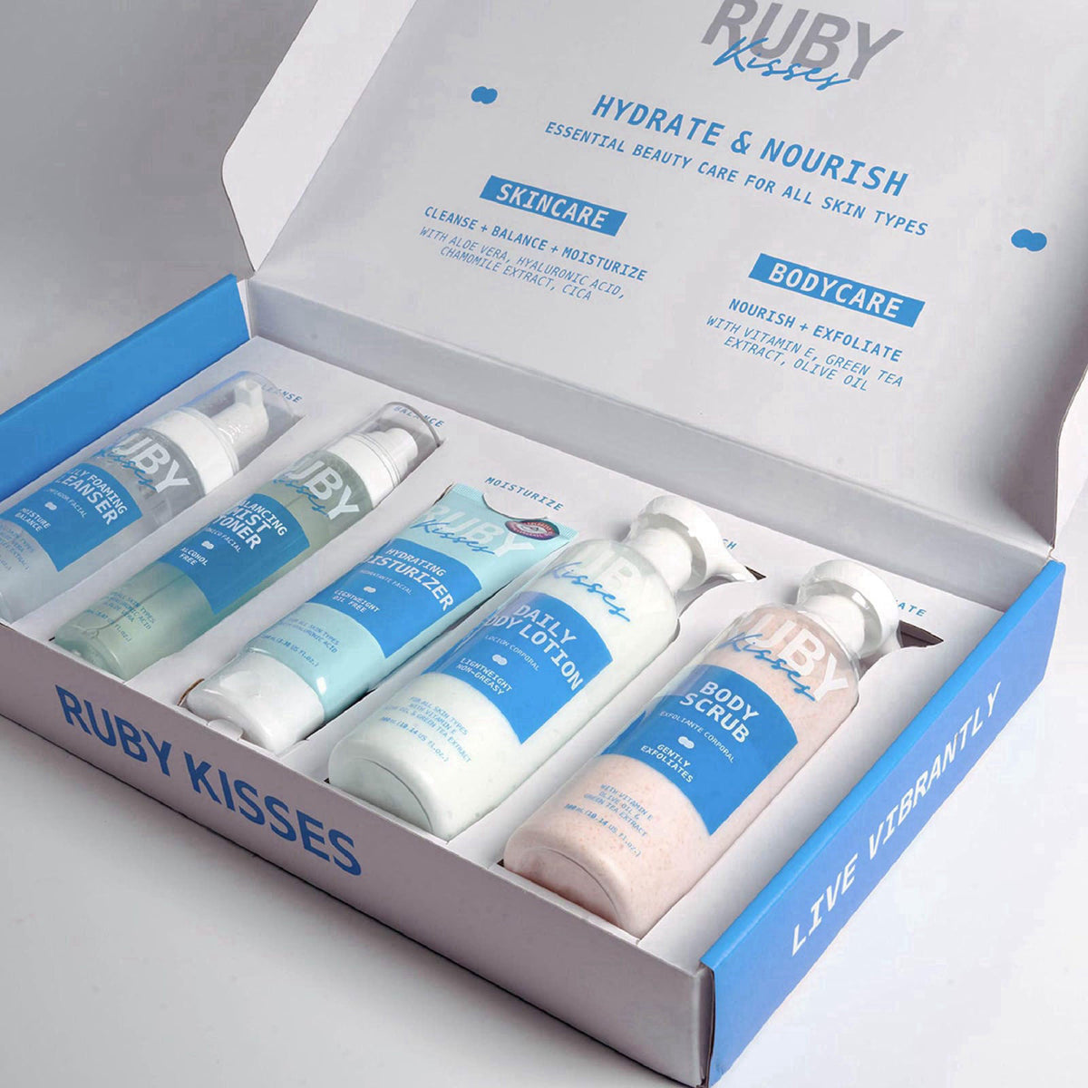 Ruby Kisses Complete Hydration Skincare Set, Face & Body Essentials, Includes Daily Foaming Cleanser, Balancing Mist Ton