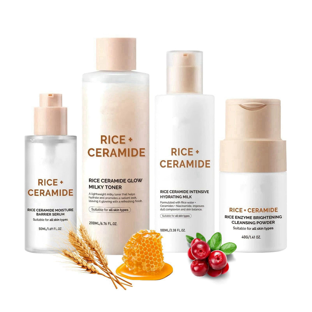XJBD Rice Ceramide Moisturizing Skincare Set, Korean Glow Skin Travel Gift Kit with Rice Water - Radiance 4-Step Routine