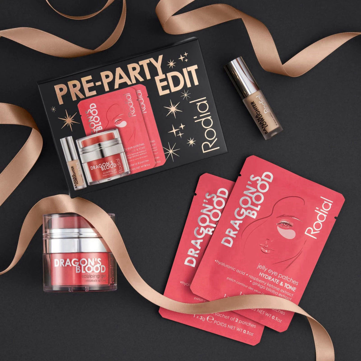 Rodial Pre-Party Edit - Holiday Skincare & Makeup Gift Set with Banana Lowlighter 0.07 oz, Dragon’s Blood Sculpting Gel 