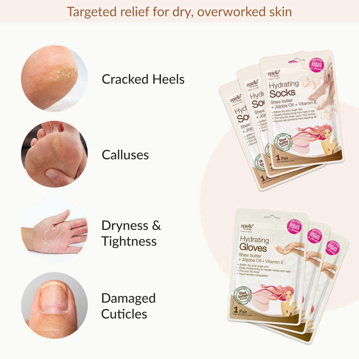 Epielle Hydrating Hand & Foot Masks, Relieve and Soften Dry, Overworked Skin, Self Care Gifts for Women, Spa Kit, 6 Mois