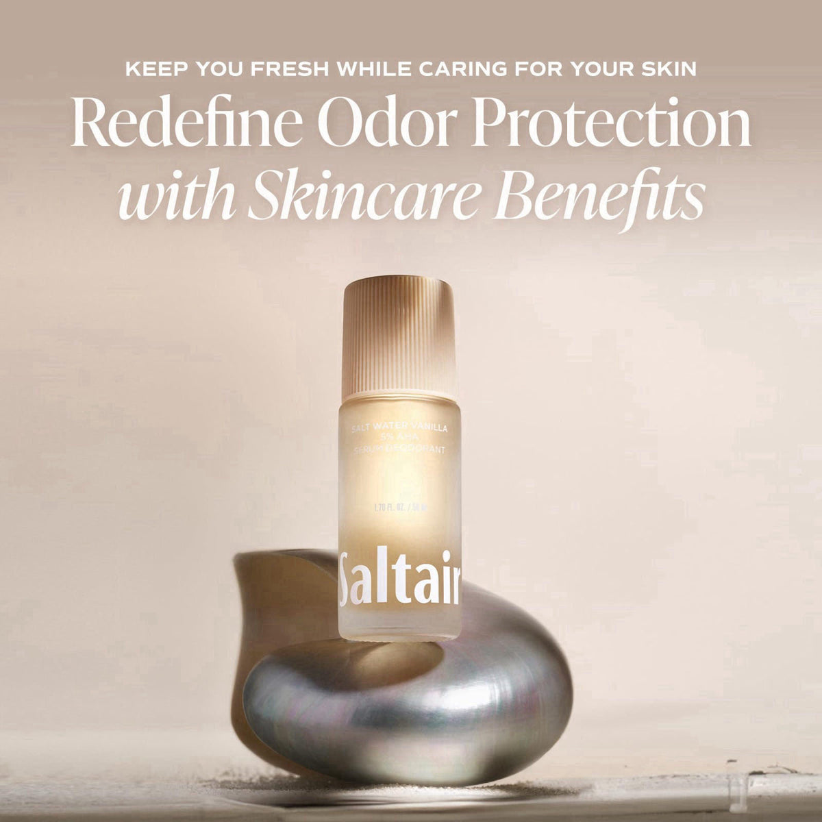 Saltair Serum Deodorant | 5% AHA Roll-On | Salt Water Vanilla, 2 Pack – packaging and label