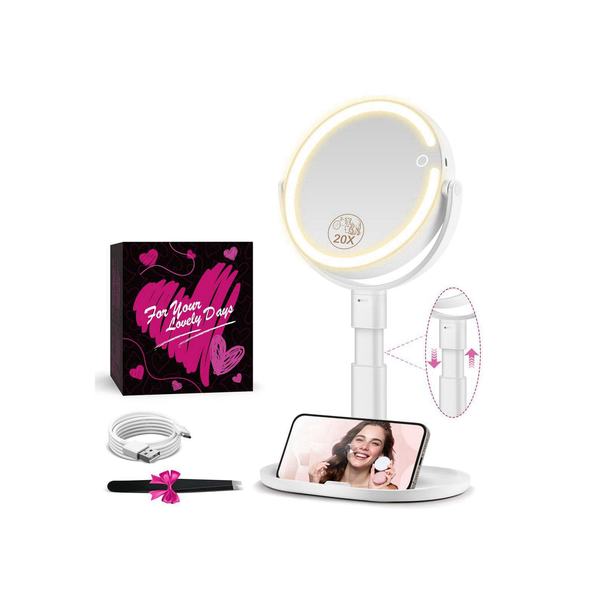MOMOKUBA Makeup Mirror with Lights, 20X Magnifying Mirrors, Height Adjustable, Vanity Mirror with Lights Rechargeable 3 