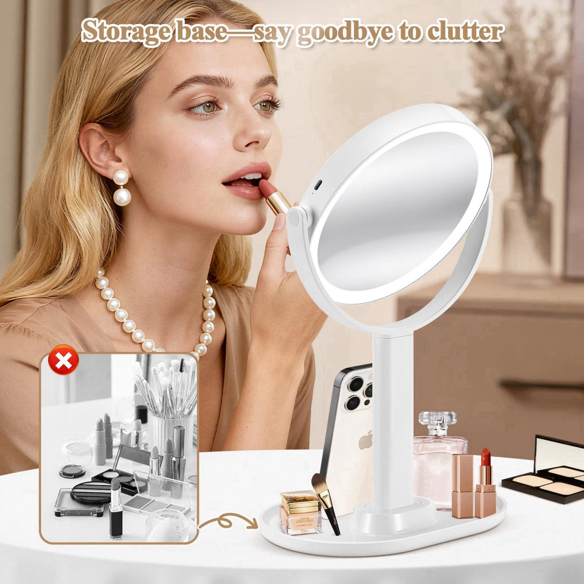 MOMOKUBA Makeup Mirror with Lights, 20X Magnifying Mirrors, Height Adjustable, Vanity Mirror with Lights Rechargeable 3 