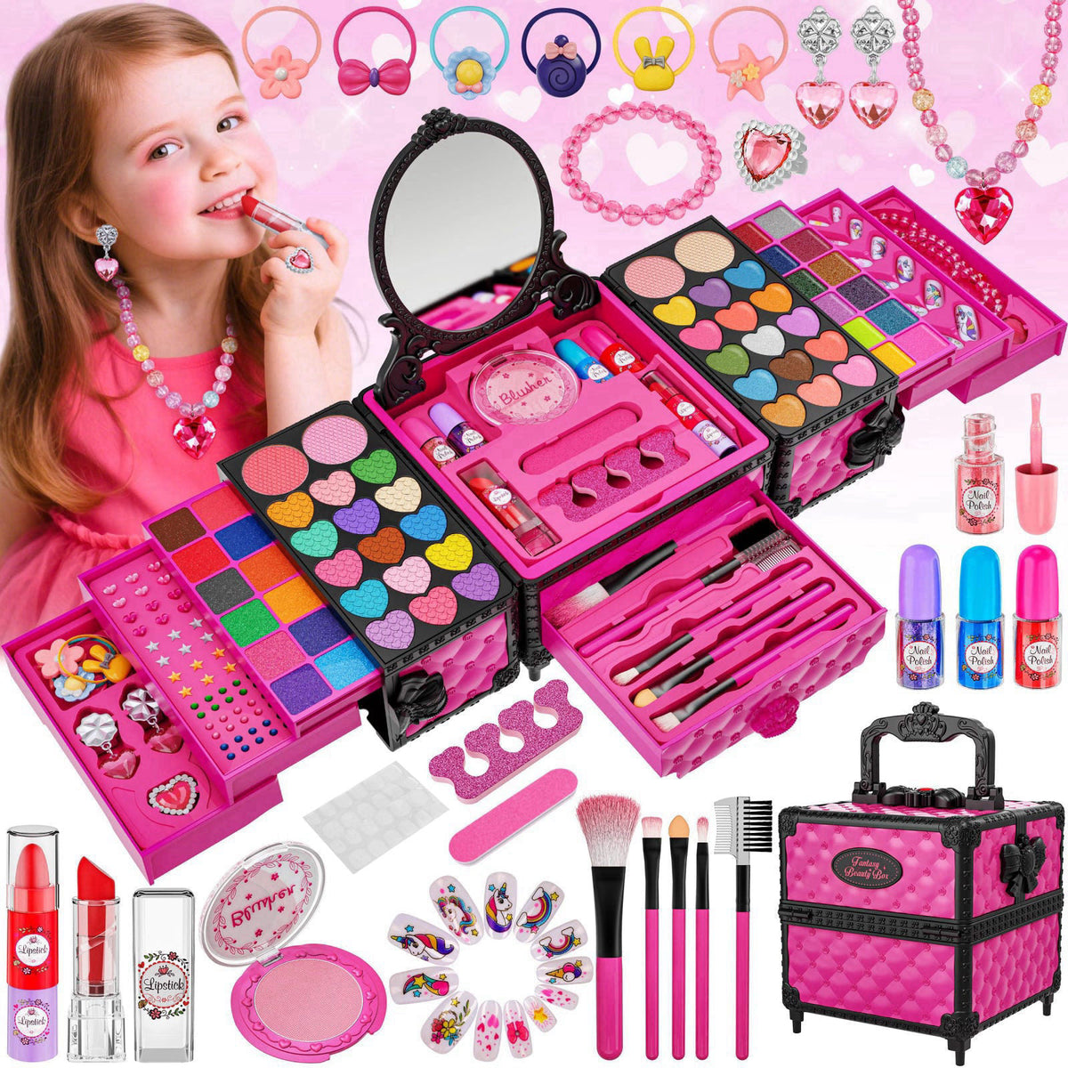 Kuovei 99 Pcs Kids Makeup Kit for Girls, Princess Toys Real Washable Cosmetics Set – product photo (Makeup)