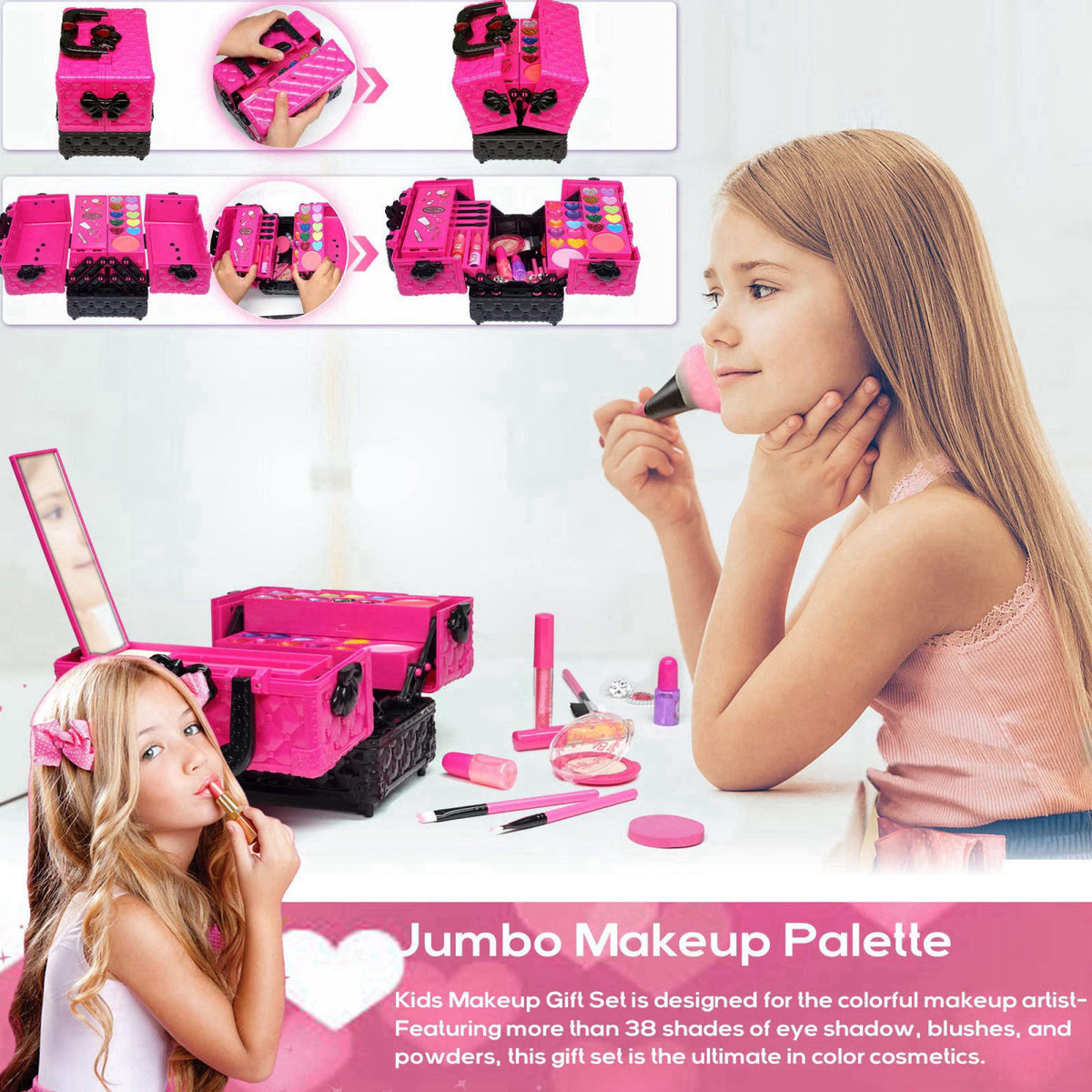Amerrly 52 PCS Kids Makeup Kit, Safe and Washable Makeup for Kids Princess Toys – back view and specifications