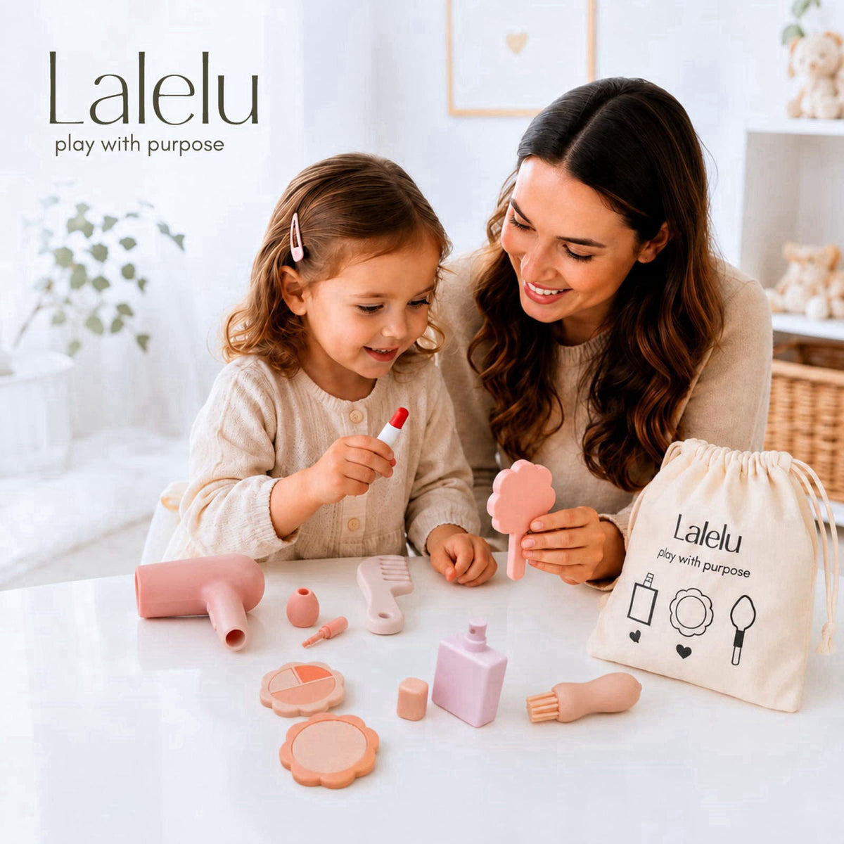 Lalelu 9Pc Silicone Pretend Makeup Set for Kids - Fake Play Beauty Toys – close-up detail in Multicolor