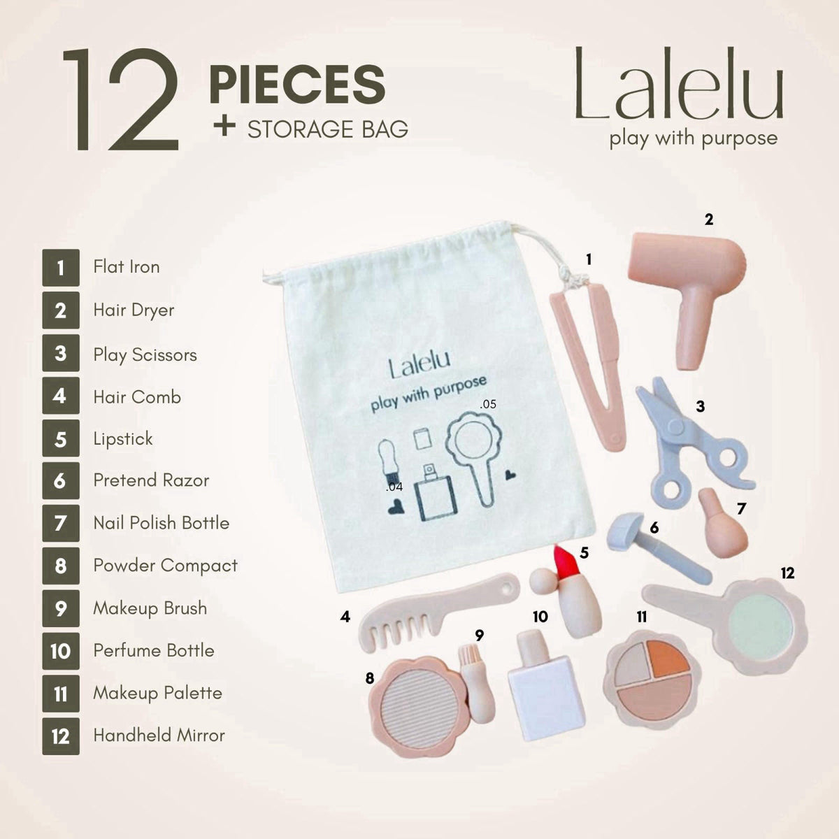 Lalelu 9Pc Silicone Pretend Makeup Set for Kids - Fake Play Beauty Toys – packaging and label