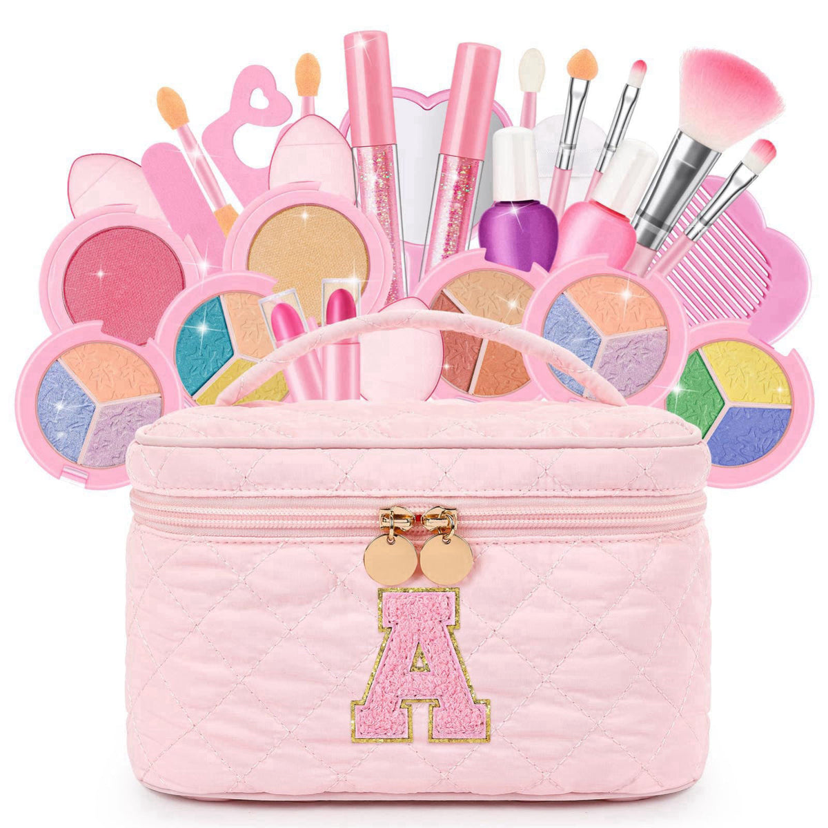 mibasies Kids Washable Makeup Set for Girls, 29Pcs Real Make Up Toys Cosmetic Bag, A – Pink, Child-Size