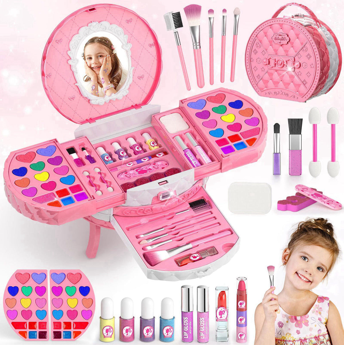 PERRYHOME 59 Pcs Kids Makeup Kit for Girls, Washable Real Cosmetic, Kids Nail Polish – Pink, Plastic, Child-Size