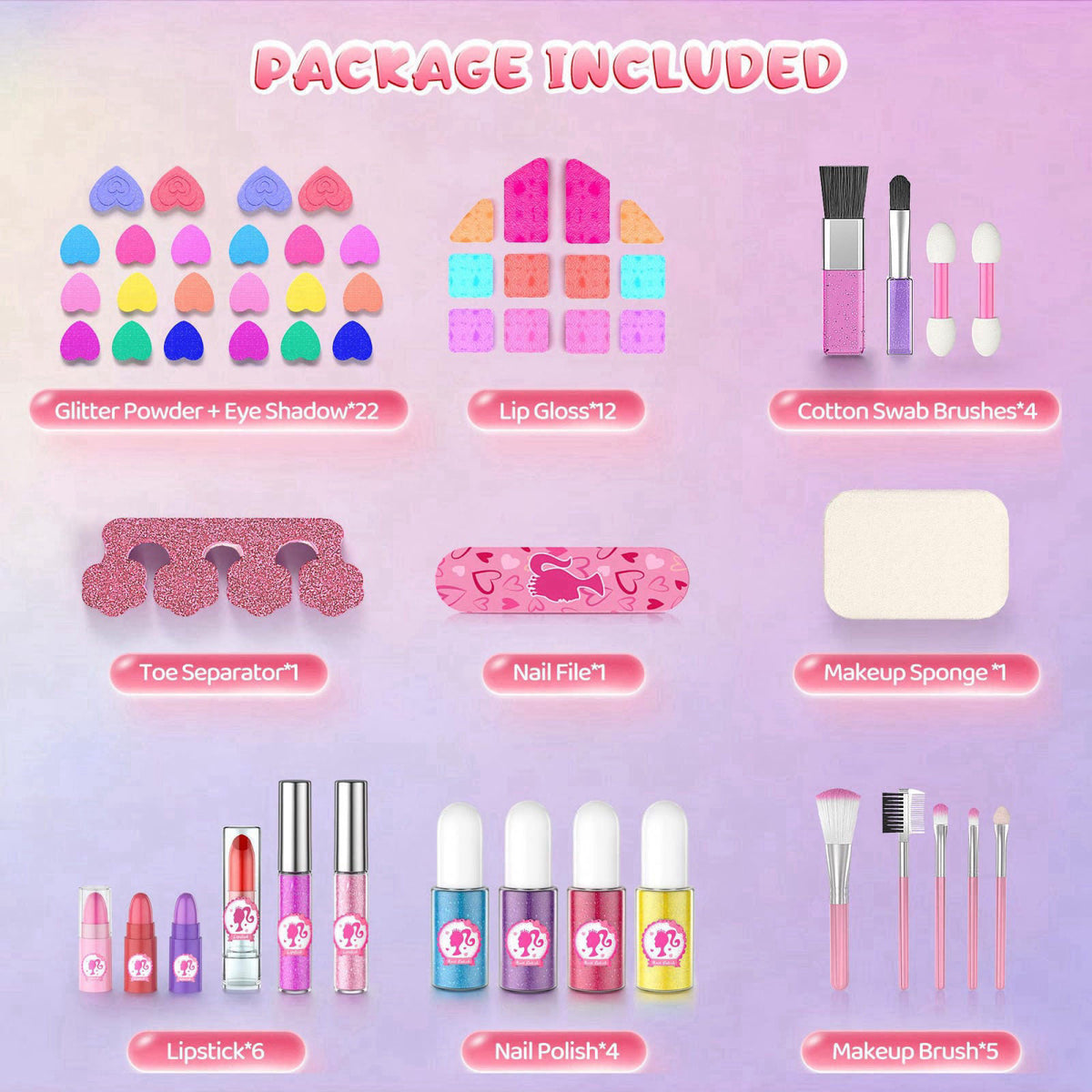 PERRYHOME 59 Pcs Kids Makeup Kit for Girls, Washable Real Cosmetic, Kids Nail Polish – close-up detail in Pink