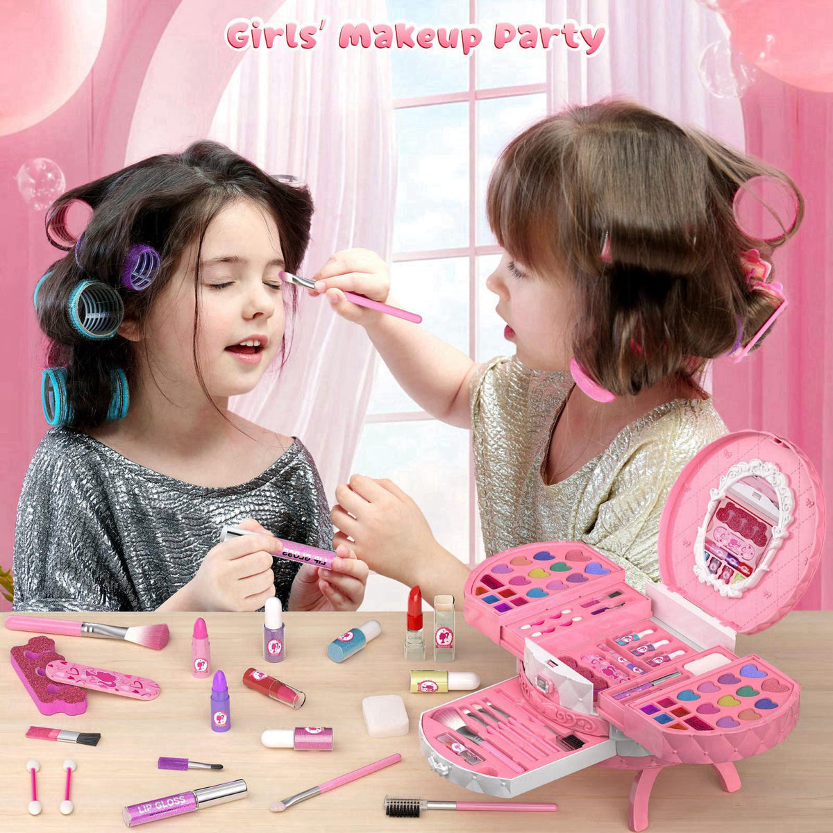 PERRYHOME 59 Pcs Kids Makeup Kit for Girls, Washable Real Cosmetic, Kids Nail Polish – packaging and label