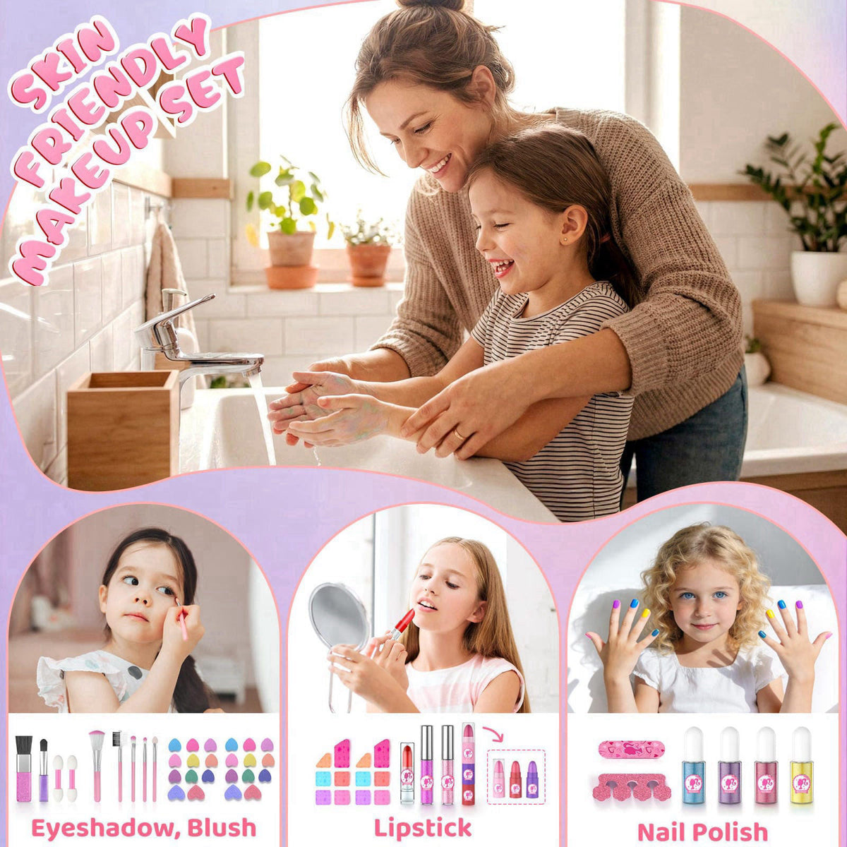 PERRYHOME 59 Pcs Kids Makeup Kit for Girls, Washable Real Cosmetic, Kids Nail Polish – back view and specifications
