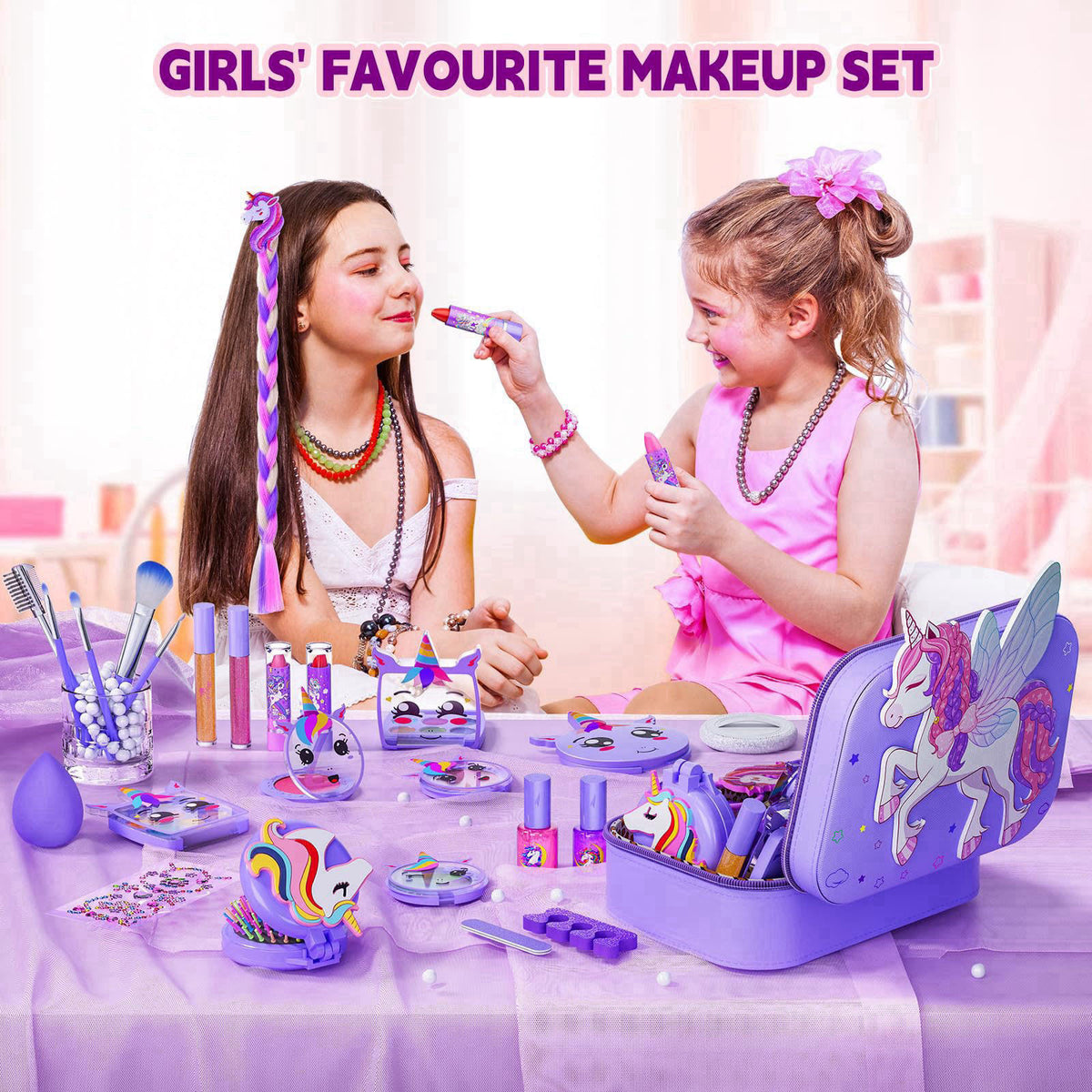 Beayuck Kids Makeup Kit for Girls - Girls Makeup Kit Toys, Real Washable Cosmetic Set with Storage Case, Kids Play Makeu