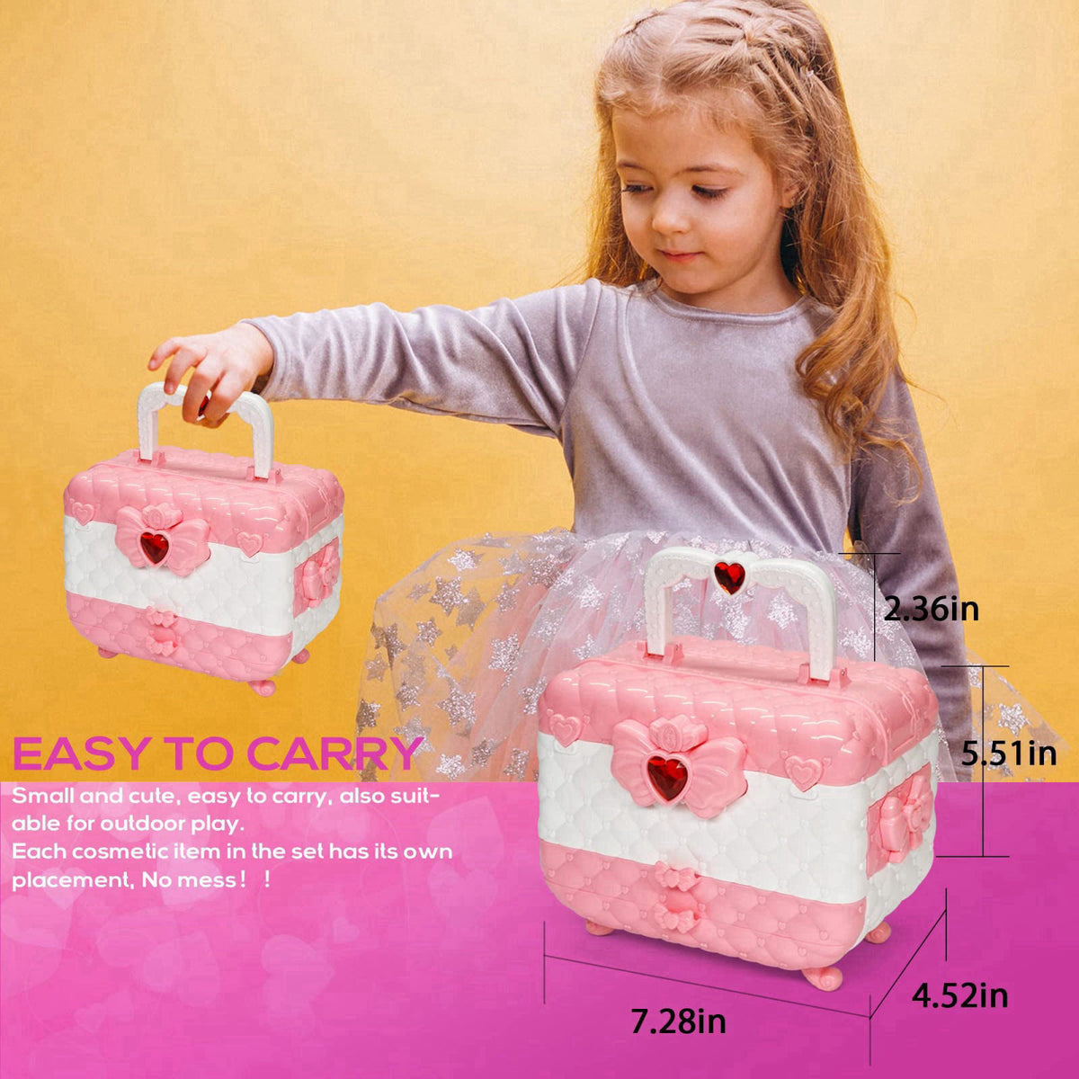 HERAPFANN Kids Makeup Kit for Girls - Washable Pretend Play Make‑Up Cosmetic Toy Set – close-up detail in Pink