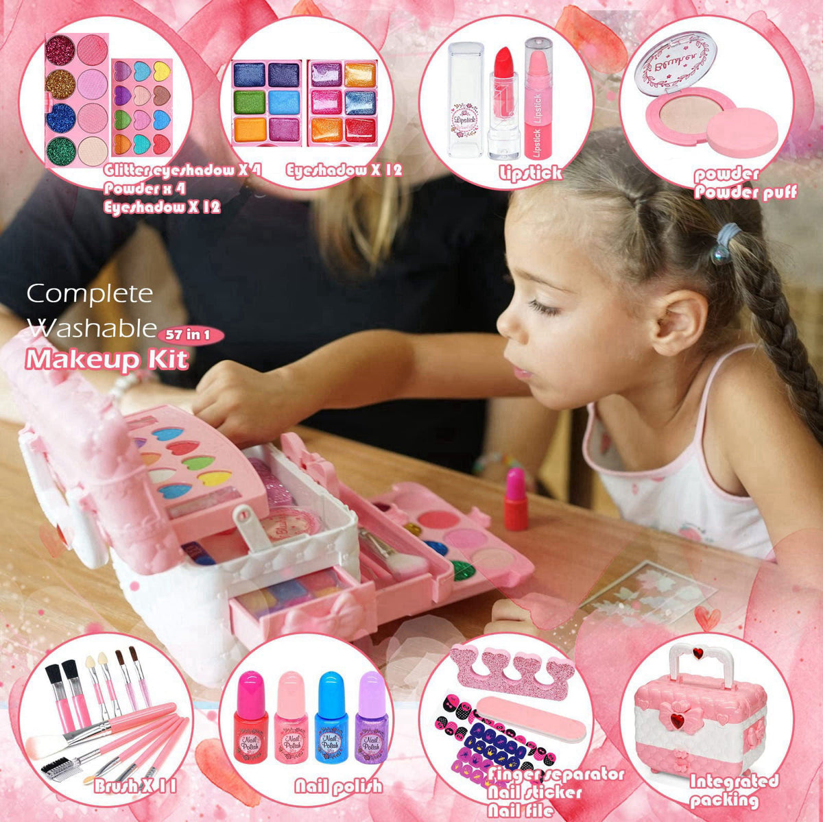 HERAPFANN Kids Makeup Kit for Girls - Washable Pretend Play Make‑Up Cosmetic Toy Set – packaging and label