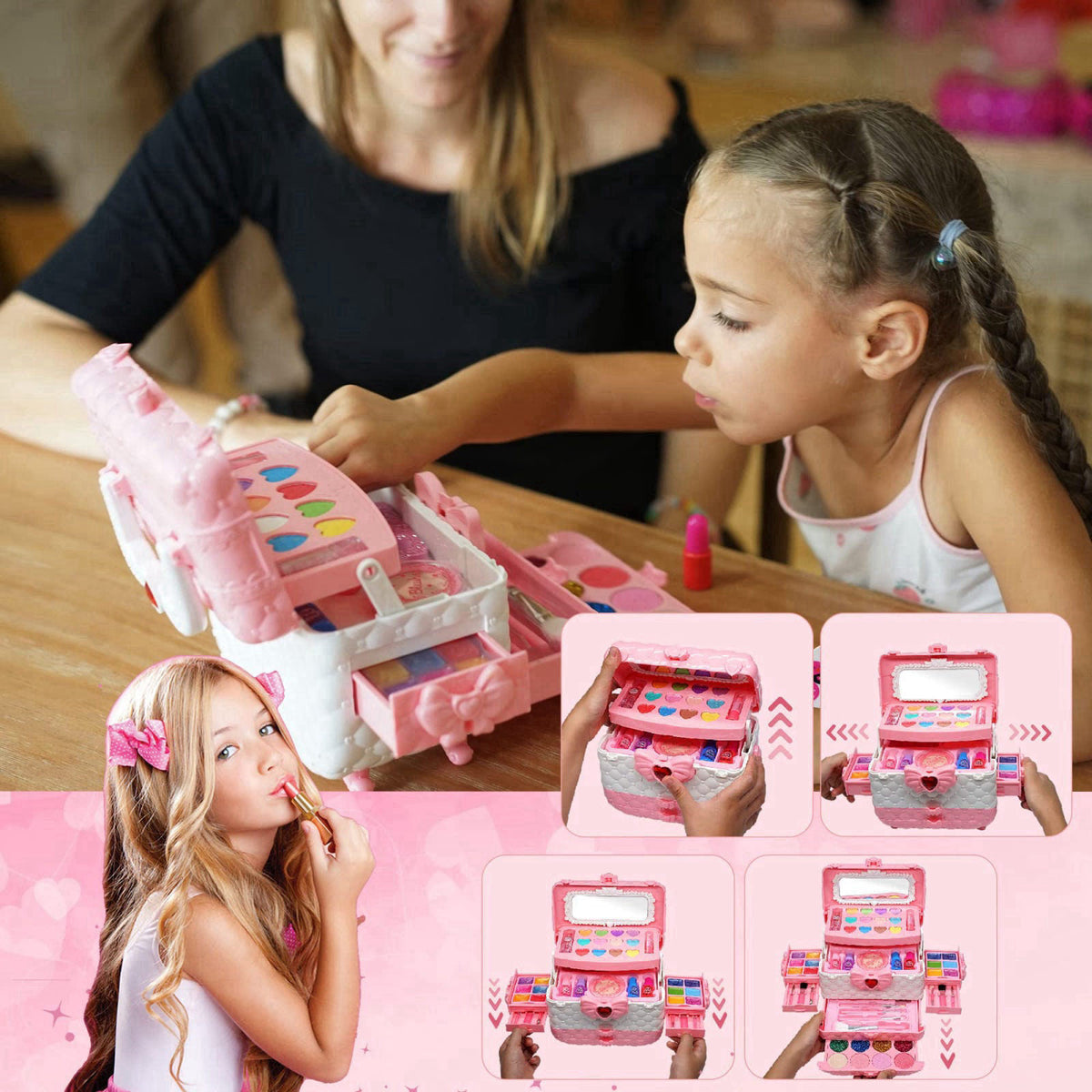 HERAPFANN Kids Makeup Kit for Girls - Washable Pretend Play Make‑Up Cosmetic Toy Set – back view and specifications