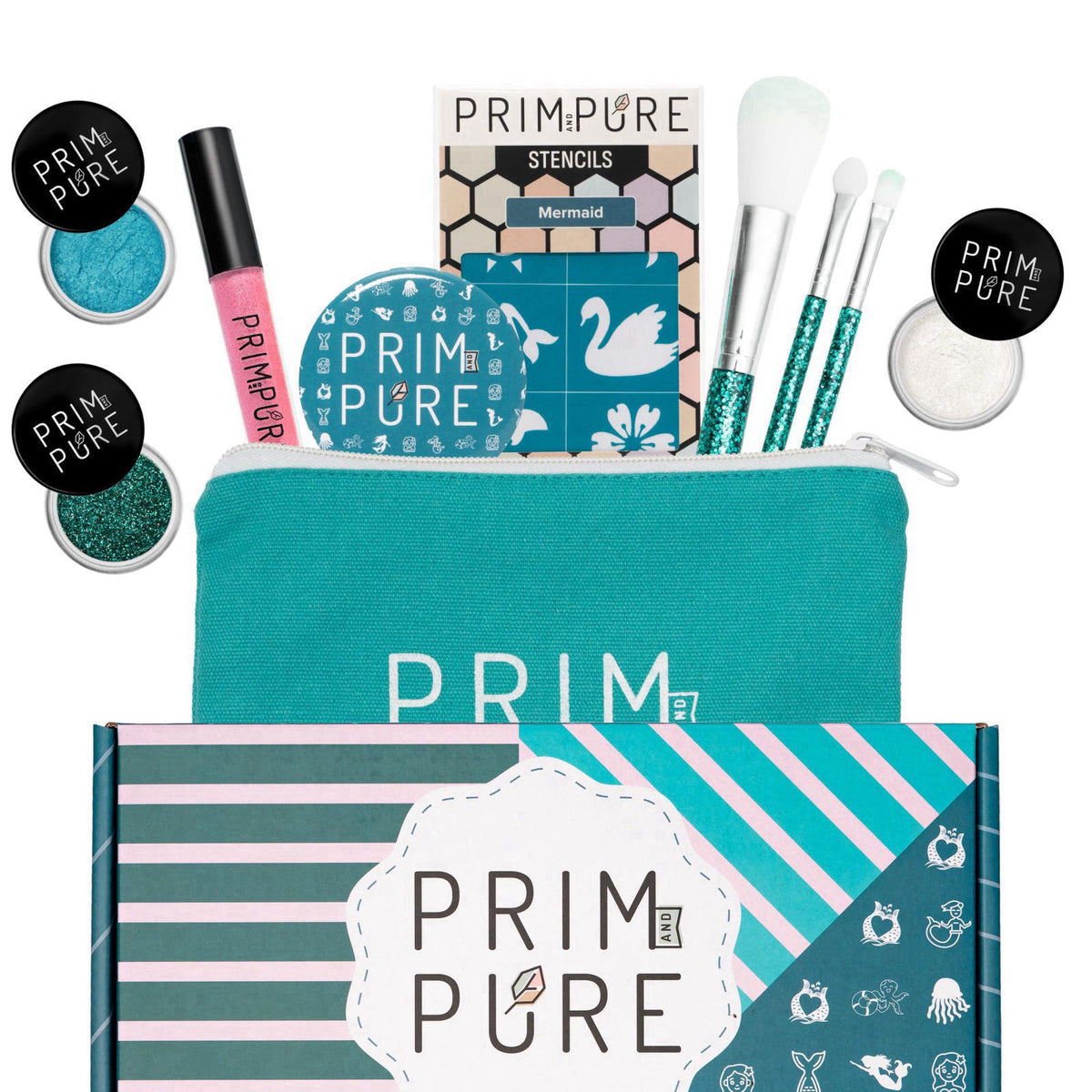 Prim and Pure Kids Makeup Gift Set - Stencil, Makeup Eyeshadow Bioglitter Lip Gloss and Cosmetic Bag Mirror Makeup Brush