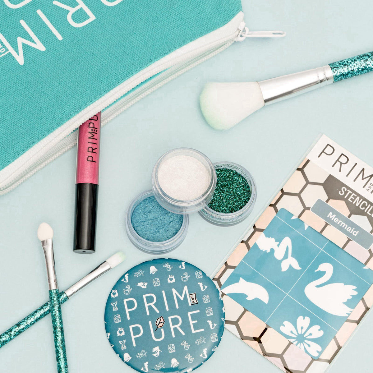 Prim and Pure Kids Makeup Gift Set - Stencil, Makeup Eyeshadow Bioglitter Lip Gloss and Cosmetic Bag Mirror Makeup Brush