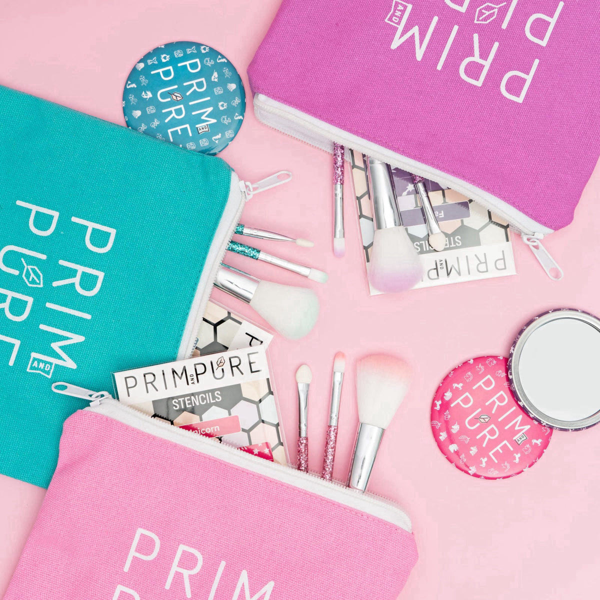 Prim and Pure Kids Makeup Gift Set - Stencil, Makeup Eyeshadow Bioglitter Lip Gloss and Cosmetic Bag Mirror Makeup Brush