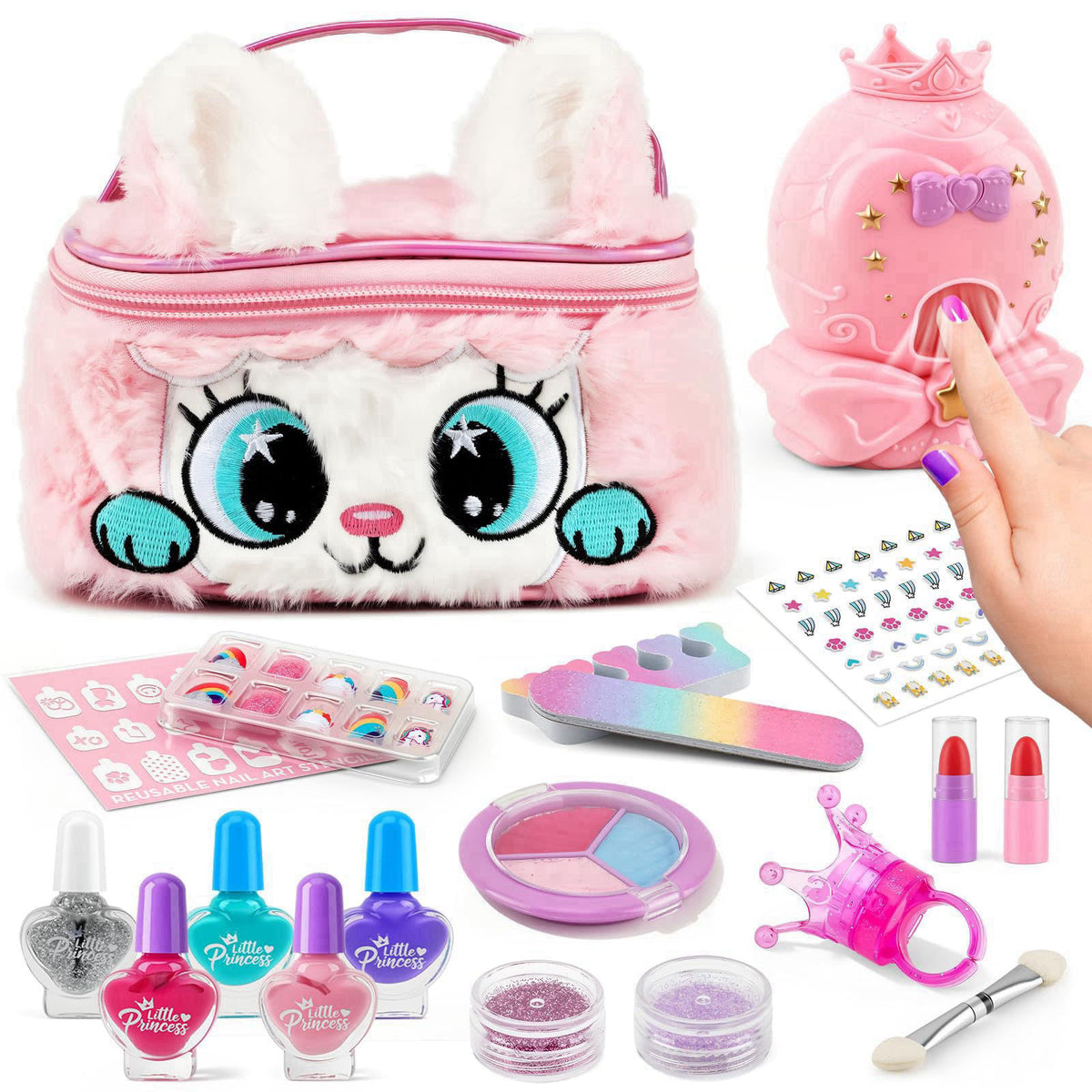 PANPAPA Kids Makeup Kit for Girls-Washable Nail Polish Set with 1-Min Quick Nail Dryer, Non-Toxic Real Cosmetic Toy with