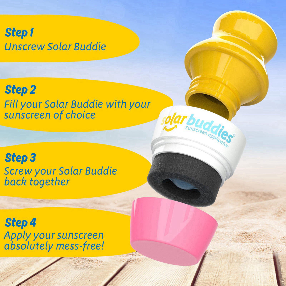 Solar Buddies Grab & Go Travel Bundle - Single Pink - Empty Refillable Applicator with Carabiner Clip & Brush - Roll-On 