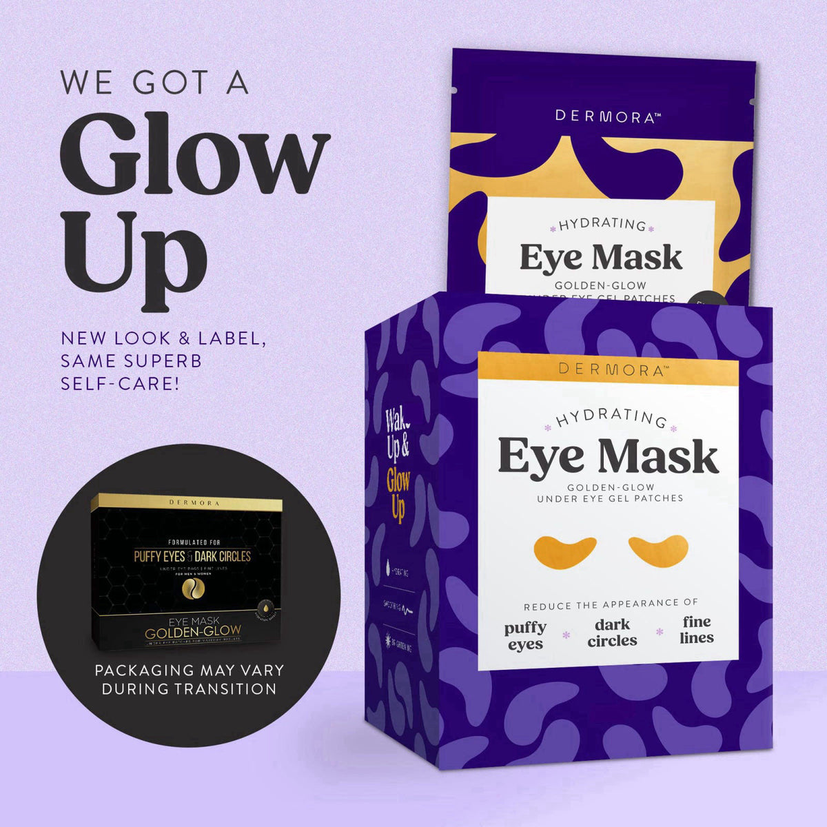DERMORA Golden Glow Under Eye Patches - 100 Pairs Individually Packed – packaging and label