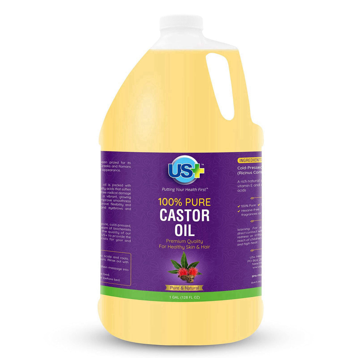 US+ Castor Oil Cold Pressed, 100% Pure, USP Grade - 1 Gallon – close-up detail