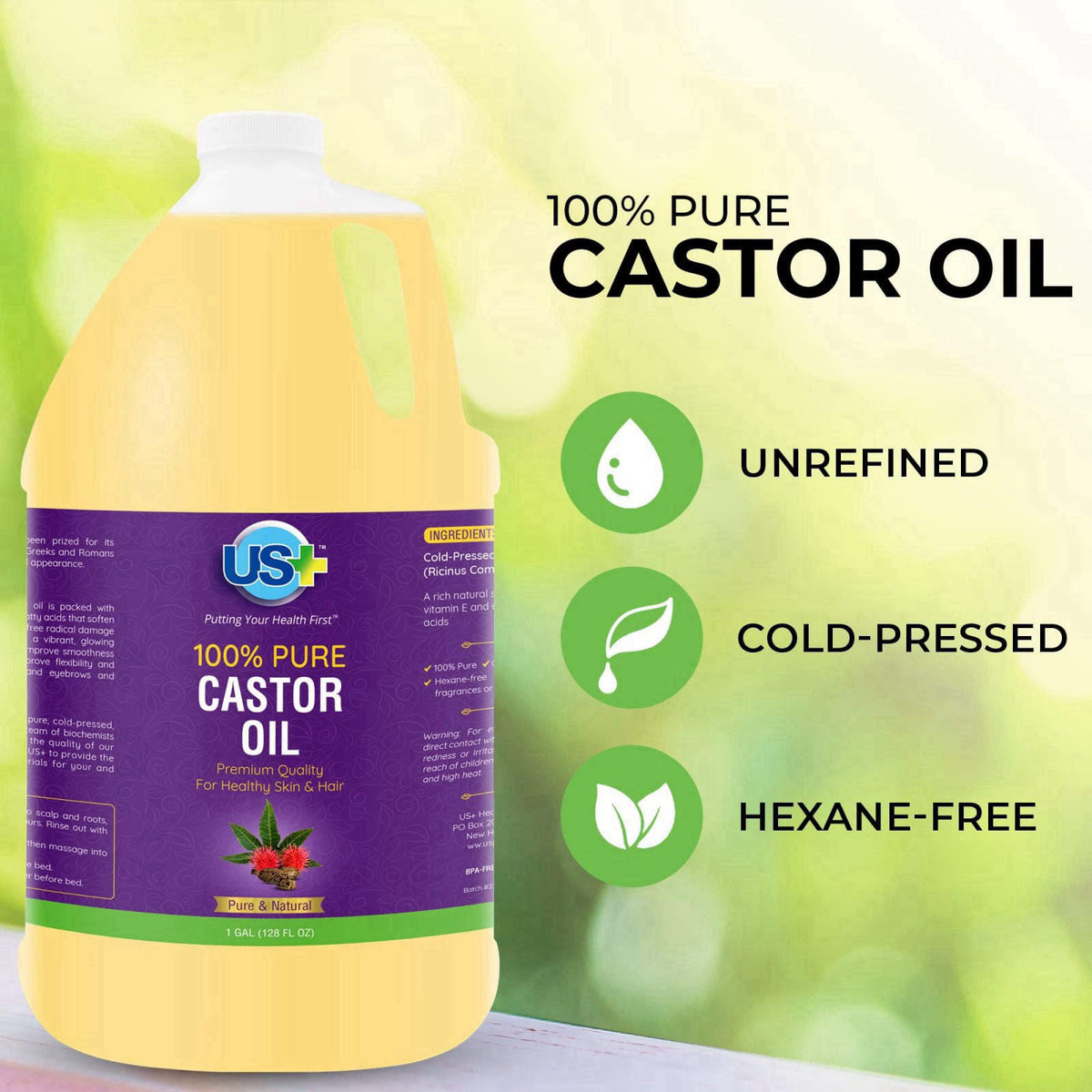US+ Castor Oil Cold Pressed, 100% Pure, USP Grade - 1 Gallon – packaging and label