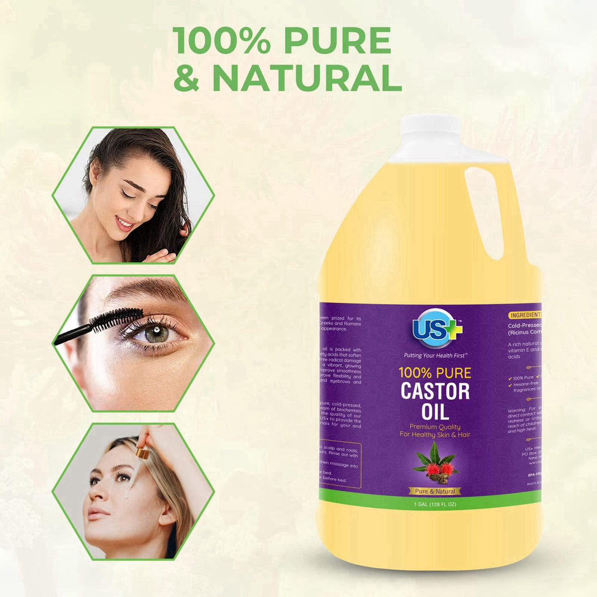 US+ Castor Oil Cold Pressed, 100% Pure, USP Grade - 1 Gallon – full view