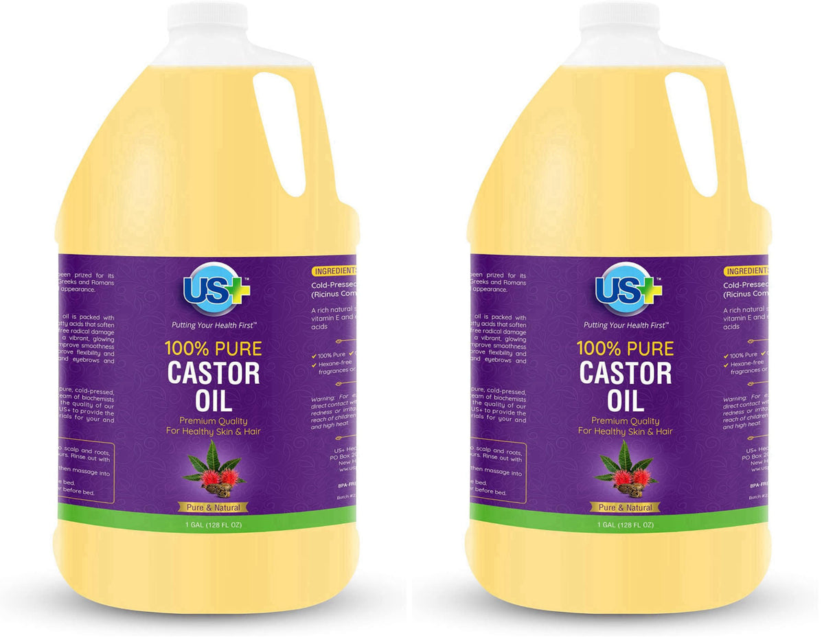 US+ Castor Oil Cold Pressed, 100% Pure, USP Grade - 1 Gallon – back view and specifications