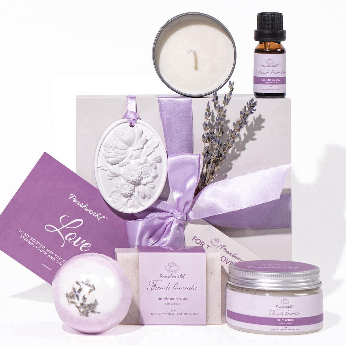 PEARLWORLD Lavender Spa Set for Women, Bath Set Self Care for Women, Nourishing 7 Piece Home Spa Set, Birthday Gift and 