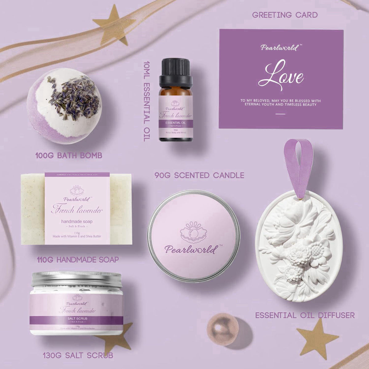 PEARLWORLD Lavender Spa Set for Women, Bath Set Self Care for Women, Nourishing 7 Piece Home Spa Set, Birthday Gift and 