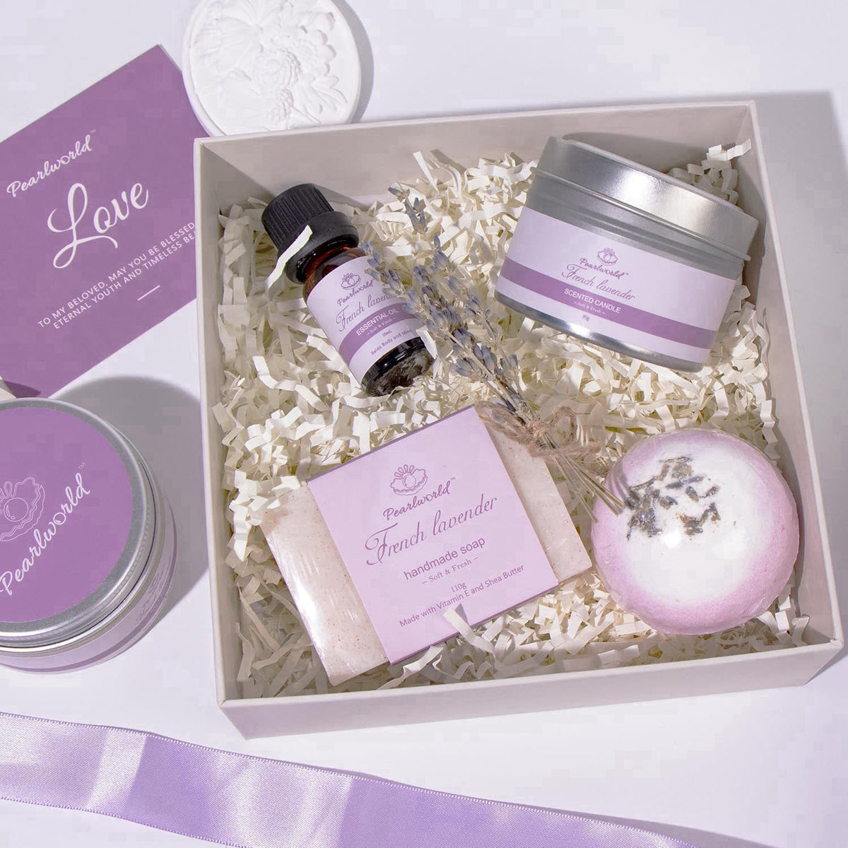 PEARLWORLD Lavender Spa Set for Women, Bath Set Self Care for Women, Nourishing 7 Piece Home Spa Set, Birthday Gift and 