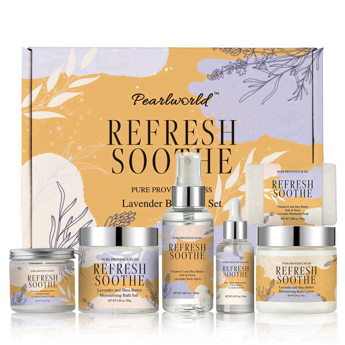 PEARLWORLD Lavender Spa Set for Women, Bath Set Self Care for Women, Nourishing 7 Piece Home Spa Set, Birthday Gift and 