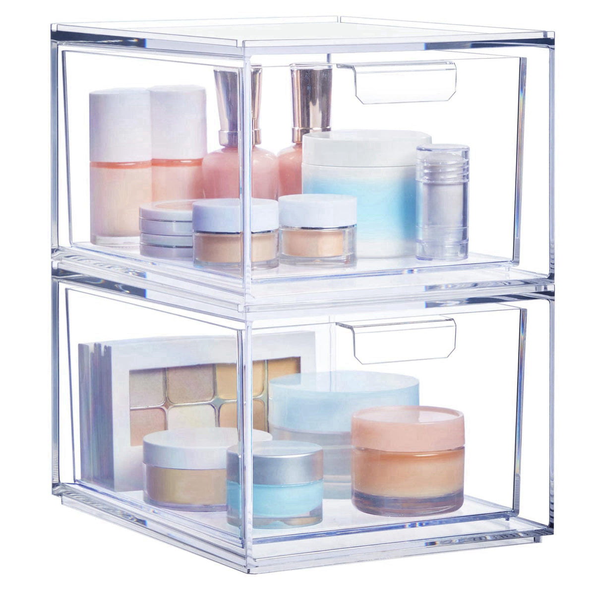 STORi Audrey Stackable Clear Bin Plastic Organizer Drawers | 2 Piece Set | Organize Cosmetics and Beauty Supplies on a V