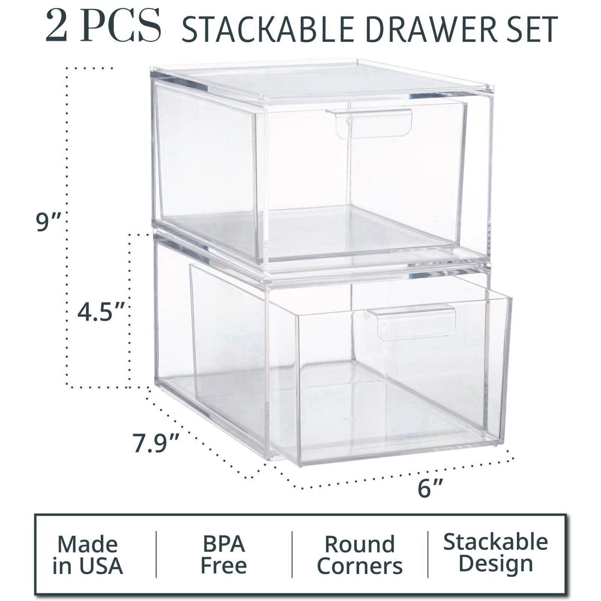 STORi Audrey Stackable Clear Bin Plastic Organizer Drawers | 2 Piece Set | Organize Cosmetics and Beauty Supplies on a V