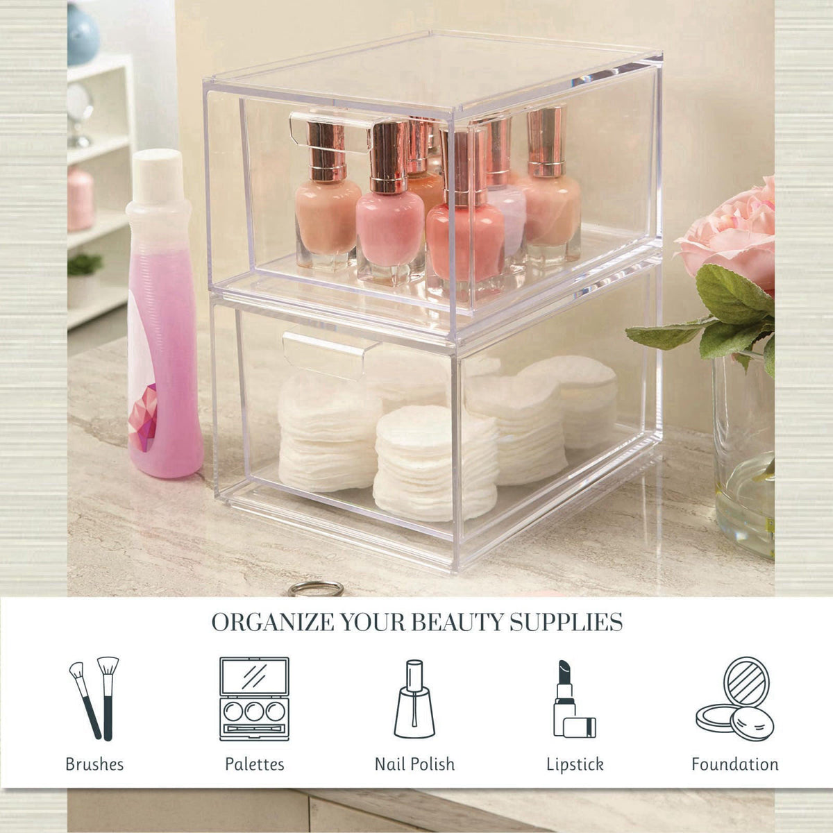 STORi Audrey Stackable Clear Bin Plastic Organizer Drawers | 2 Piece Set | Organize Cosmetics and Beauty Supplies on a V