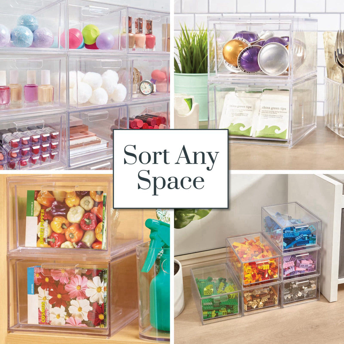 STORi Audrey Stackable Clear Bin Plastic Organizer Drawers | 2 Piece Set | Organize Cosmetics and Beauty Supplies on a V