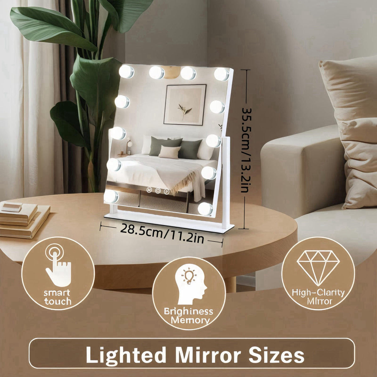 ZBOCAI Vanity Mirror with Lights, 13'' x 11'' Lighted Makeup Mirror for Desk, Hollywood Mirror with 12 Dimmable Bulbs, 3